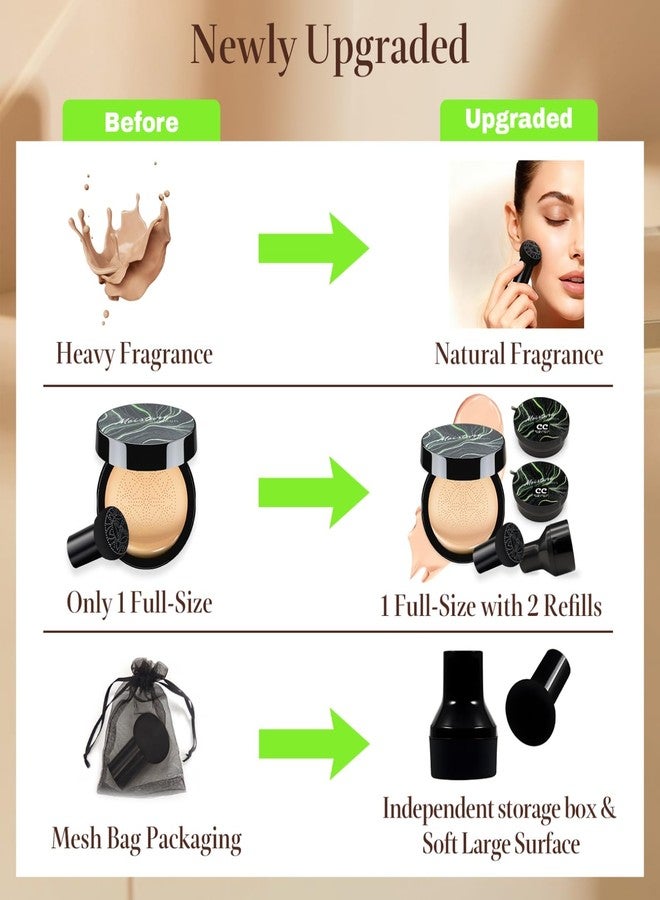 OETUIOW Mushroom Head Air Cushion CC Cream Gift Set for Women, 1 Full-Size Makeup Foundation with 2 Refills & 1 Special Mushroom Head Puff, Upgraded Ingredients Long-lasting (Natural, 0.71 Fl Oz*3) - Image 3